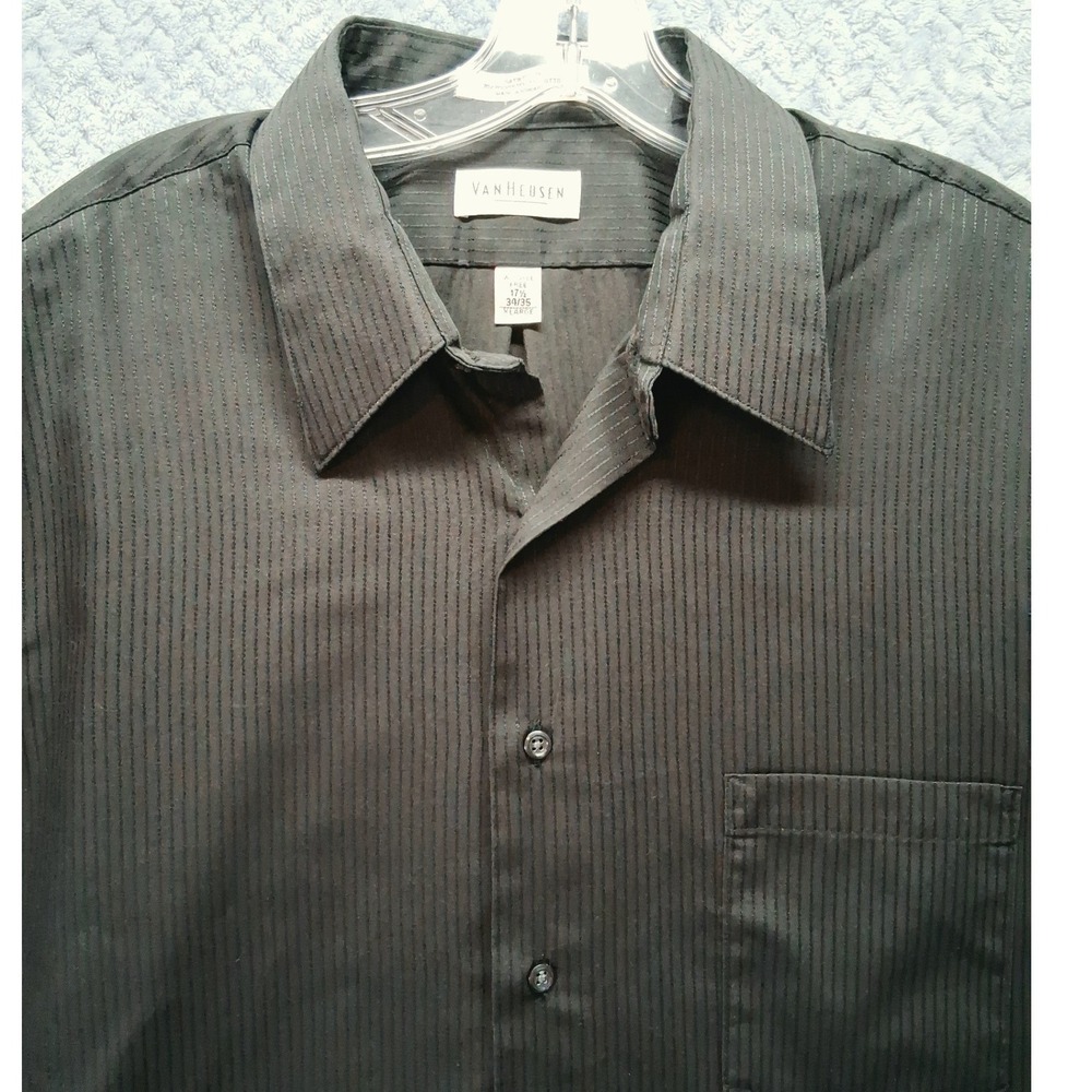 Van Heusen Mens XL Dress Shirt Black Satin Pinstripe Wrinkle Free Long Sleeve